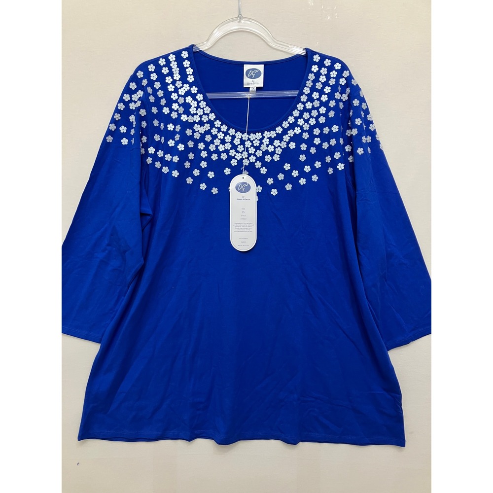 New DG2 Diane Gilman Top 2X Royal Blue Floral Embellished 3/4 Sleeve Stretch